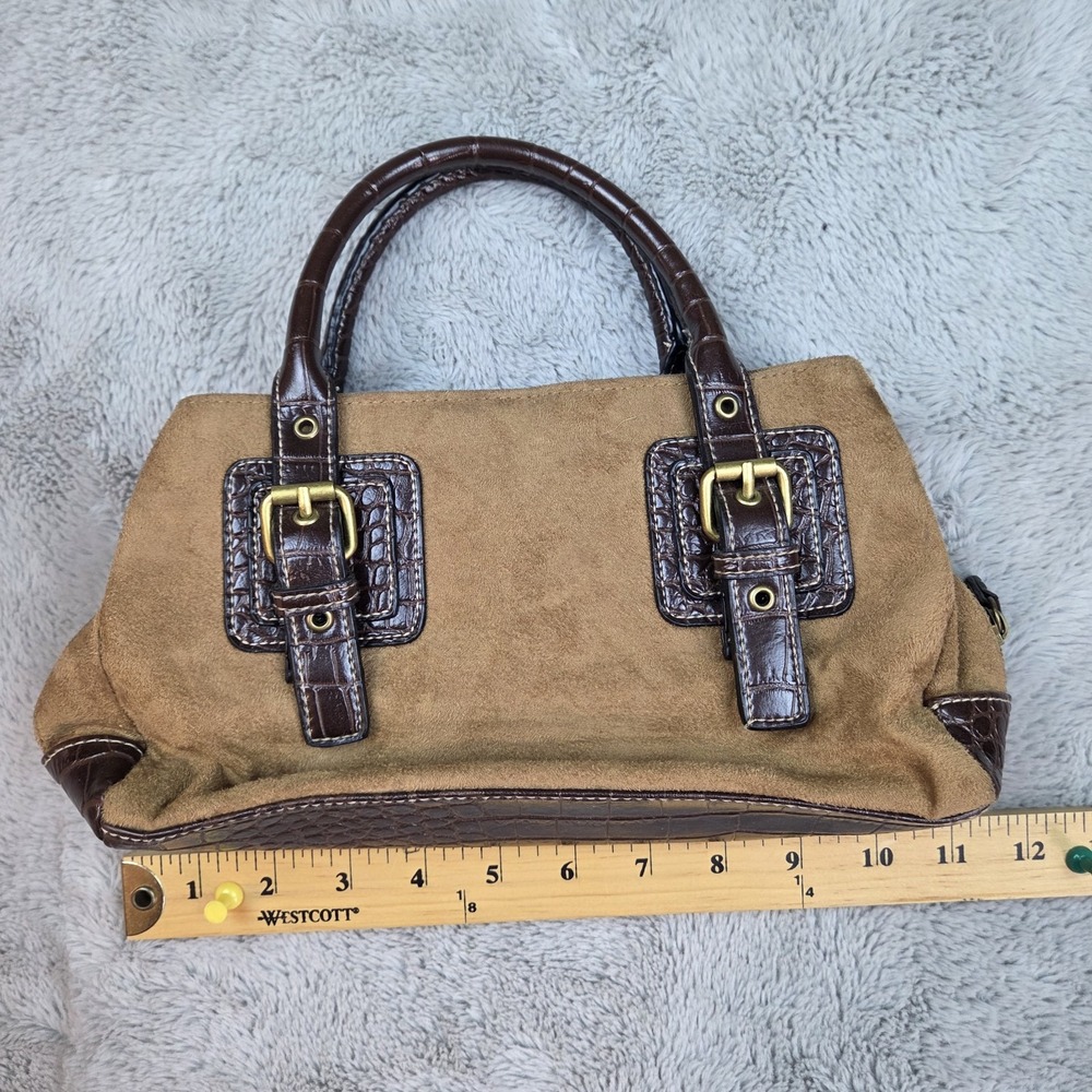 Croft & Barrow Satchel Womens OS Faux Suede Croc Embossed Buckle Trim Brown Tan